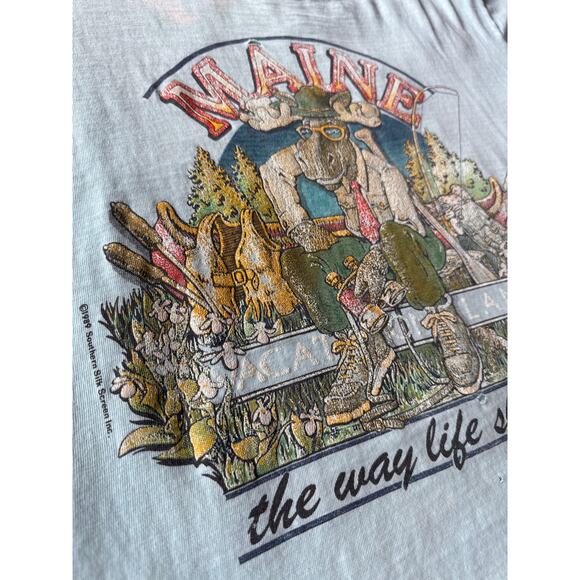 Vintage ‘89 Maine Vacation Land Moose L Single Stitched Faded Aqua T-Shirt - Picture 3 of 8